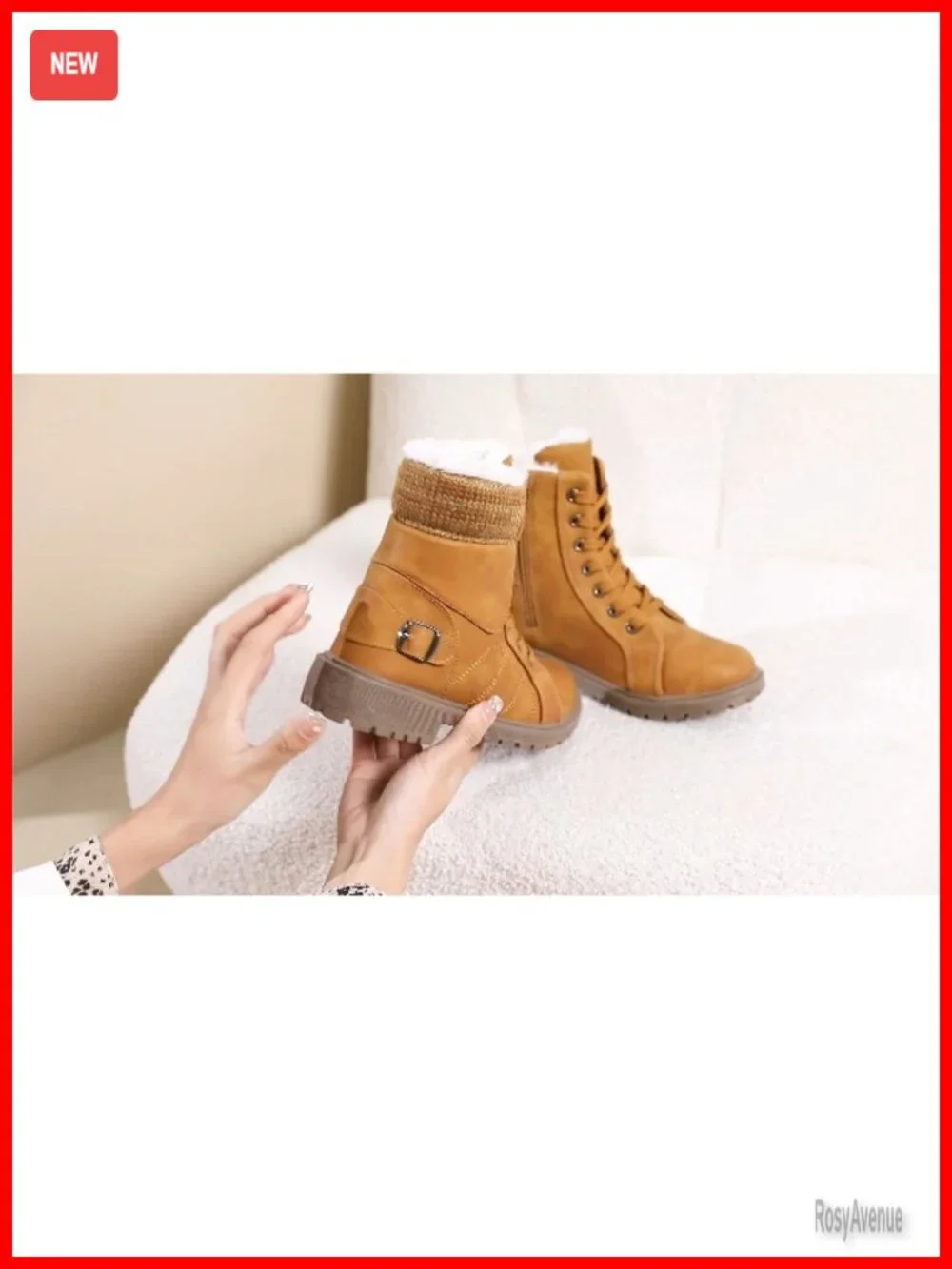 Faux Leather Fur Lined Lace Up Combat Boots Waterproof Hiking Ankle Booties